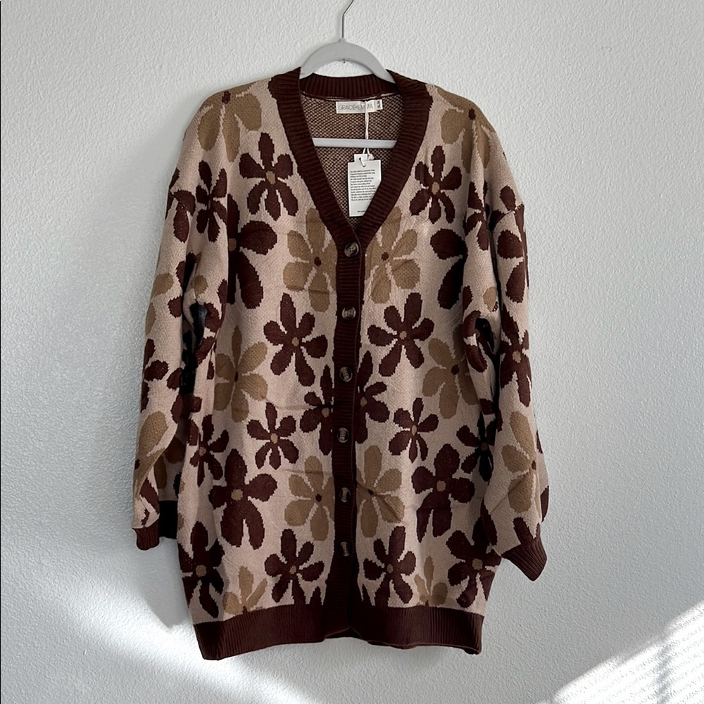 Brown floral button down cardigan, size 2X/3X